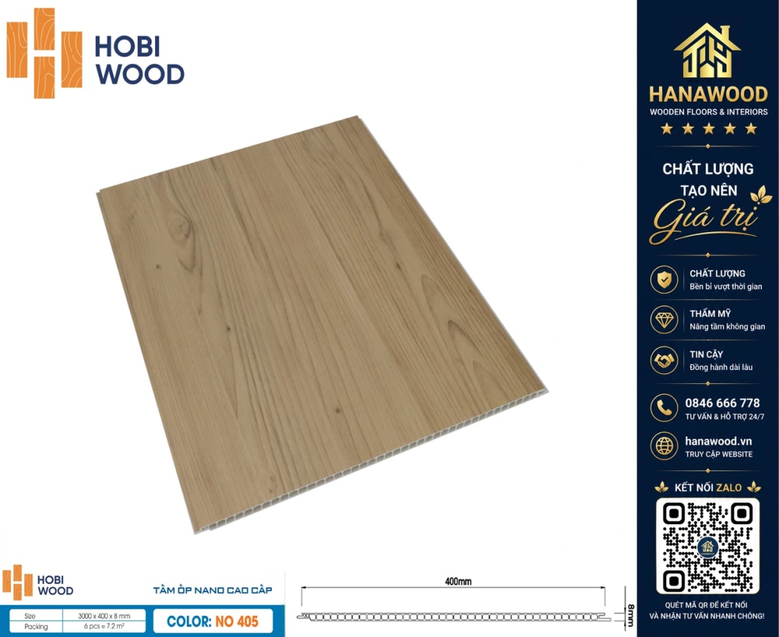 Ốp Tường Tấm Nhựa Nano Giả Gỗ HobiWood NO-405 tông màu mộc mạc sang trọng hiện đại