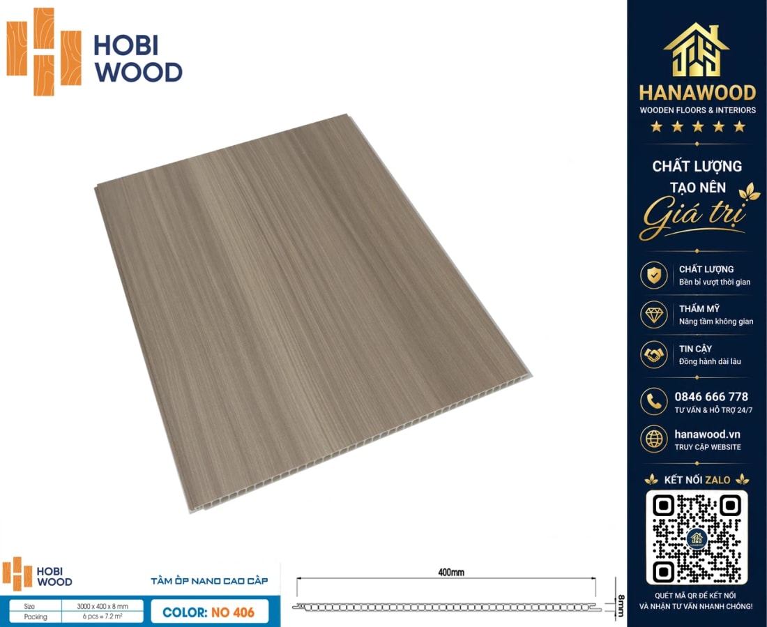 Tấm Nano Nhựa Giả Gỗ Ốp Tường HobiWood NO-406 cách âm cách nhiệt hiệu quả chống cháy lan