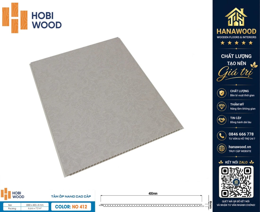 Tấm Nhựa Nano Ốp Tường Ốp Trần Vân Giấy HobiWood NO-412 phôi nhựa cứng cáp an toàn sức khỏe