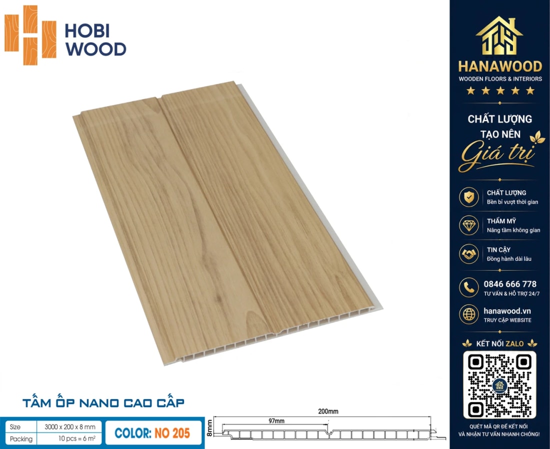 Tấm Nano Nhựa Giả Gỗ Ốp Tường HobiWood NO-205 tông màu mộc mạc sang trọng hiện đại