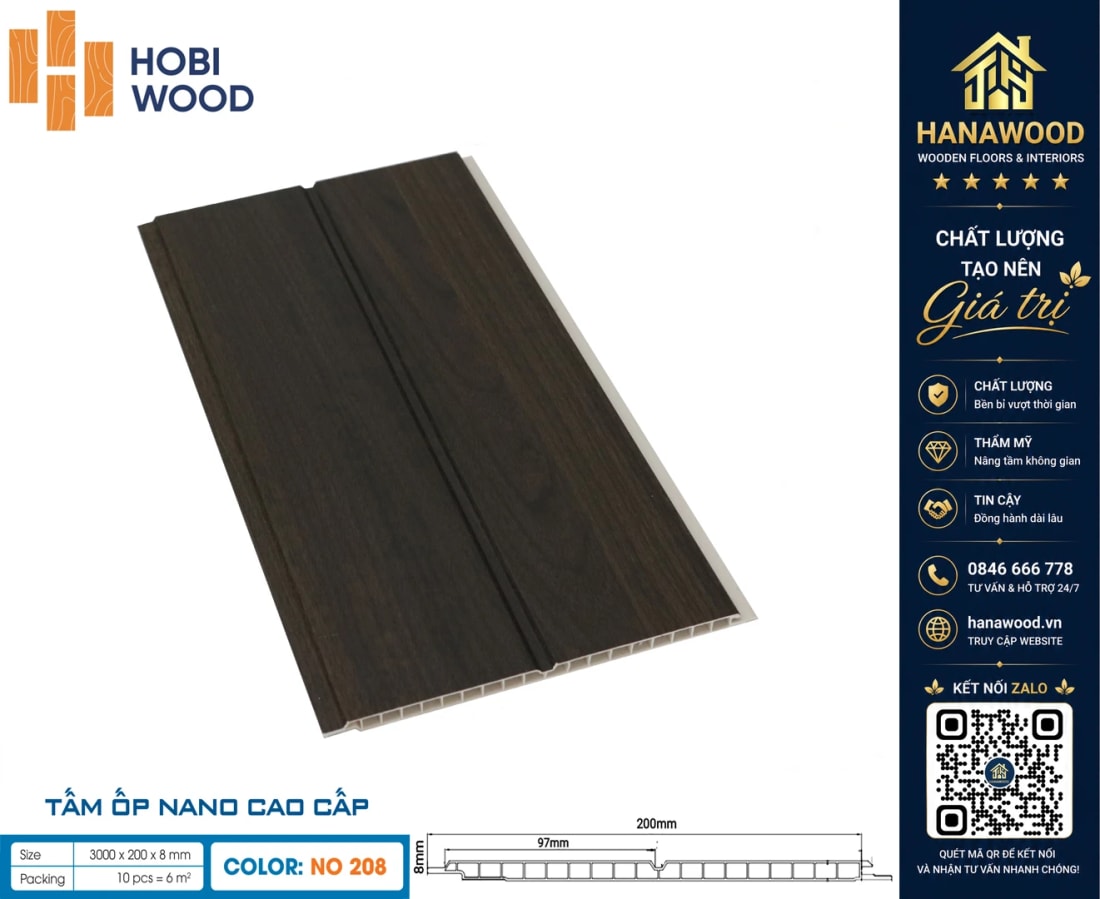 Tấm Nhựa Ốp Tường Nano Giả Vân Gỗ HobiWood NO-208 độ bền lâu dài trọng lượng nhẹ thi công nhanh