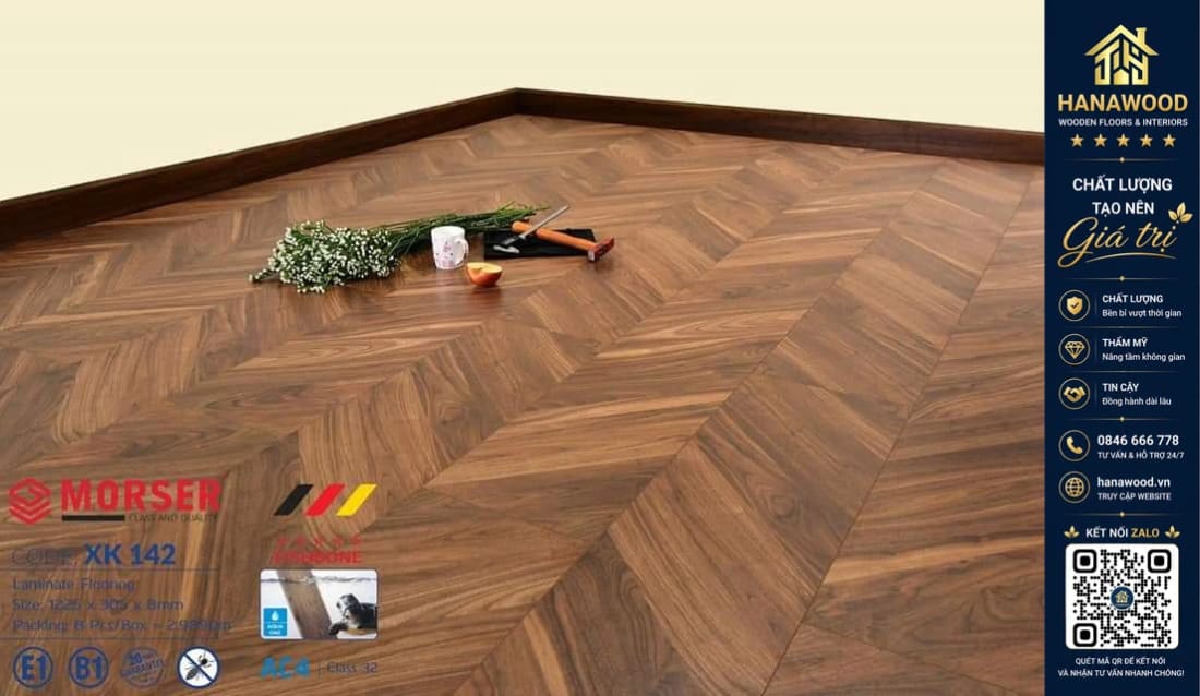 Sàn Gỗ Vân Xương Cá Morser XK142 Dày 8mm chống ẩm vượt trội không lo bong tróc
