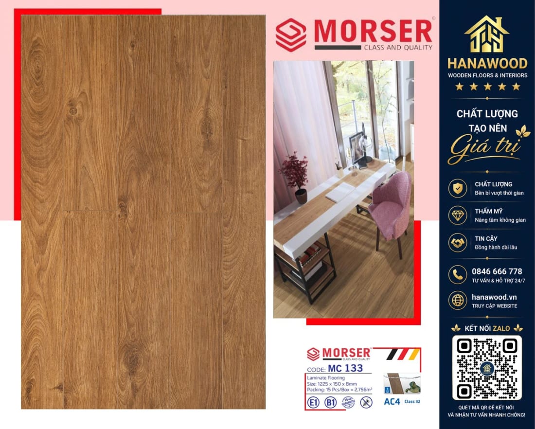 Sàn Gỗ Công Nghiệp Morser MC133 Dày 8mm cốt gỗ HDF siêu bền không mối mọt an toàn