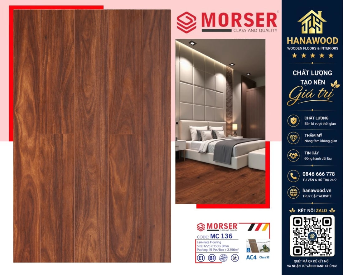 Sàn Gỗ Công Nghiệp Việt Nam Morser MC136 Dày 8mm tone màu sang trọng cách âm cách nhiệt tốt
