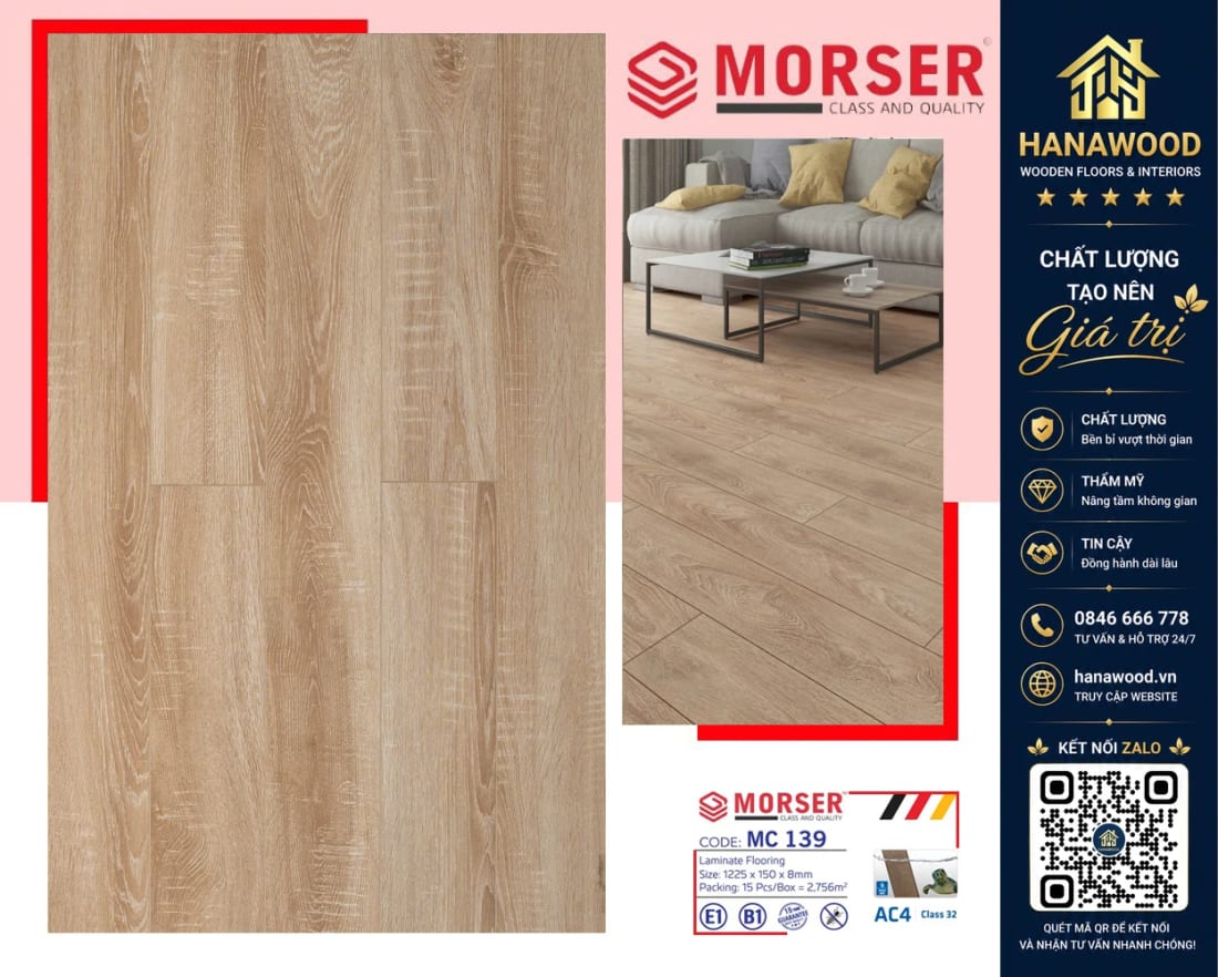 Sàn Gỗ Việt Nam Morser MC139 Dày 8mm chống ẩm mốc trần nhà độ bền lâu dài vượt trội
