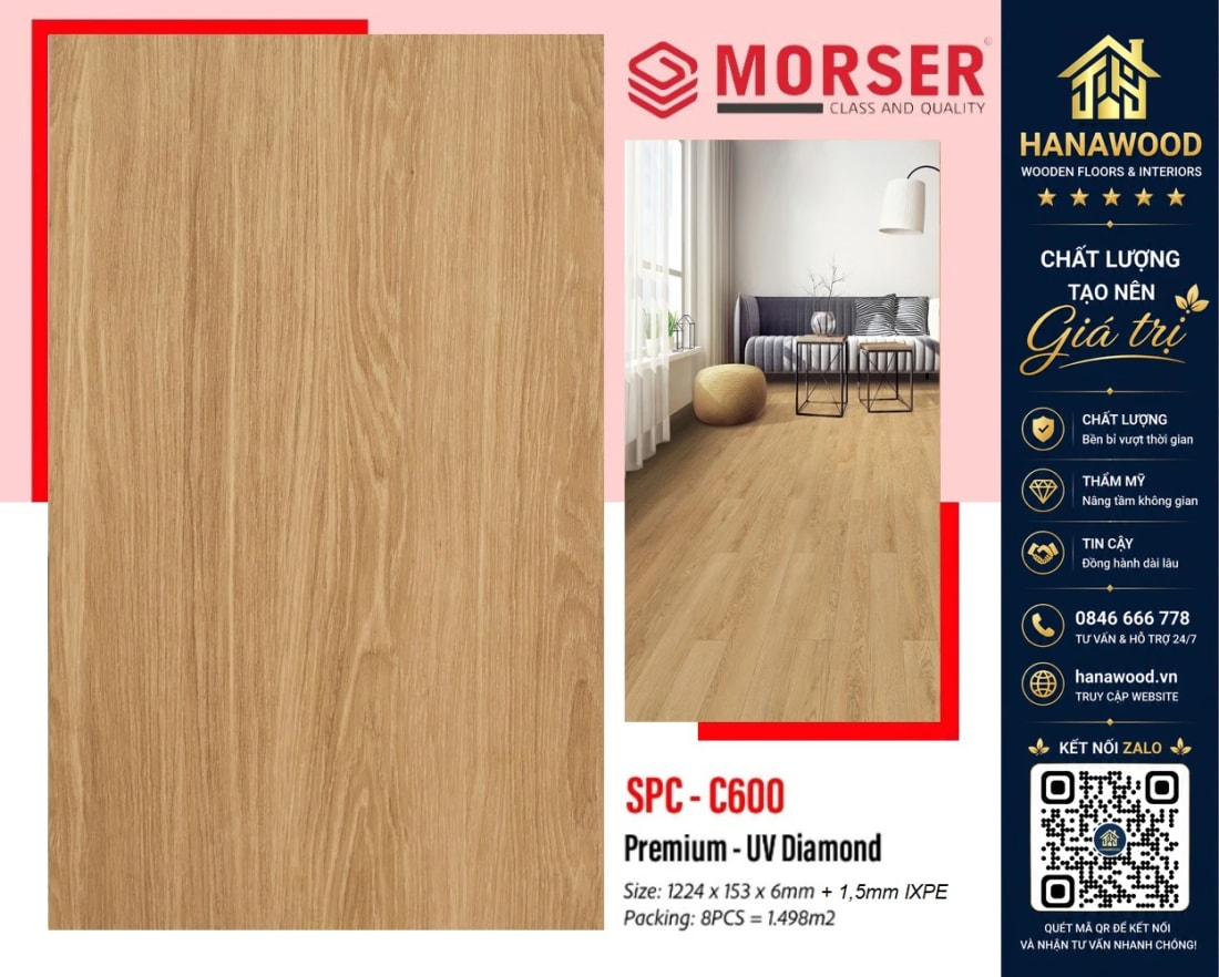 Sàn Nhựa Giả Gỗ Hèm Khóa Morser C600 Dày 6mm chống ẩm mốc chịu lực tốt không cong vênh