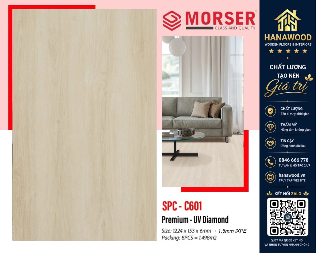 Sàn Nhựa Hèm Khóa Giả Gỗ Morser C601 Dày 6mm bề mặt vân gỗ tự nhiên chống mối mọt