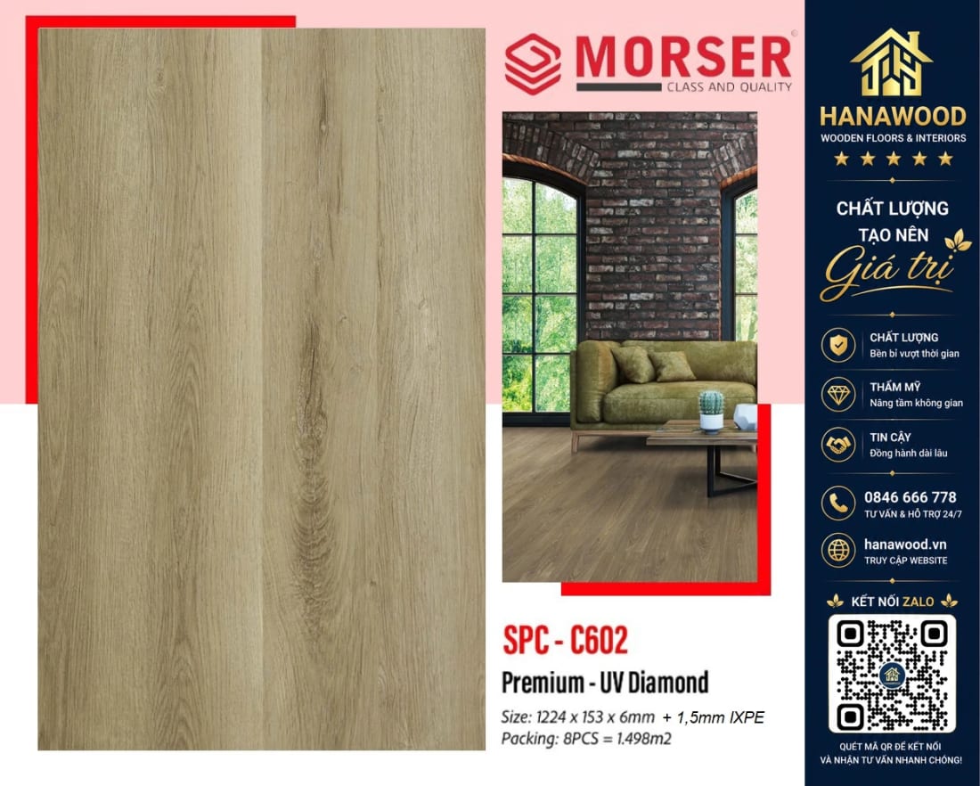 Sàn Nhựa Vinyl Hèm Khóa Morser C602 Dày 6mm chống nước tuyệt đối hèm khóa liên kết khít
