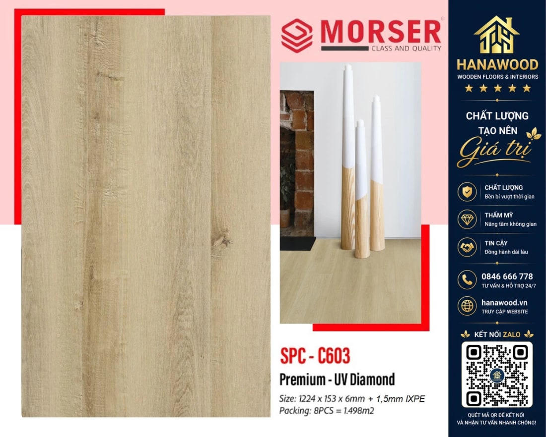 Sàn Nhựa Hèm Khóa Morser Việt Nam C603 Dày 6mm cốt nhựa SPC siêu bền không bám bụi