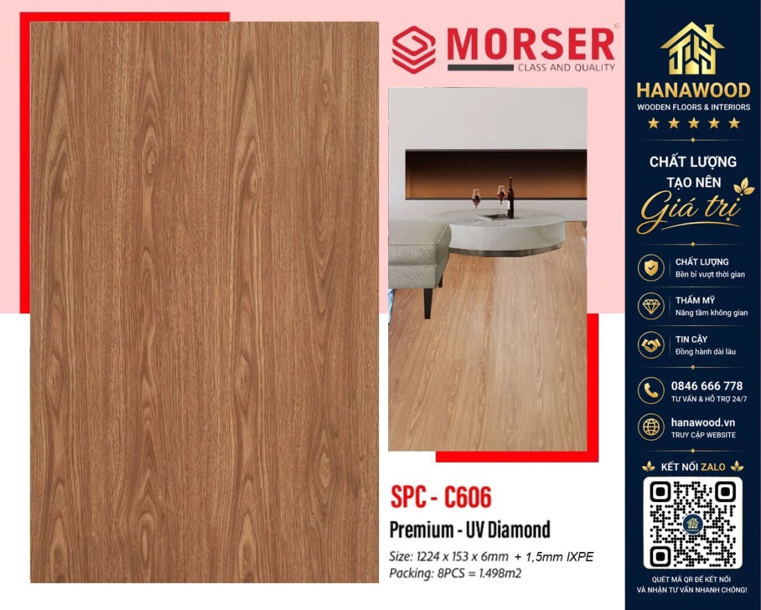 Sàn Nhựa Hèm Khóa Giả Vân Gỗ Morser C606 Dày 6mm khả năng chịu lực va đập nâng tầm không gian