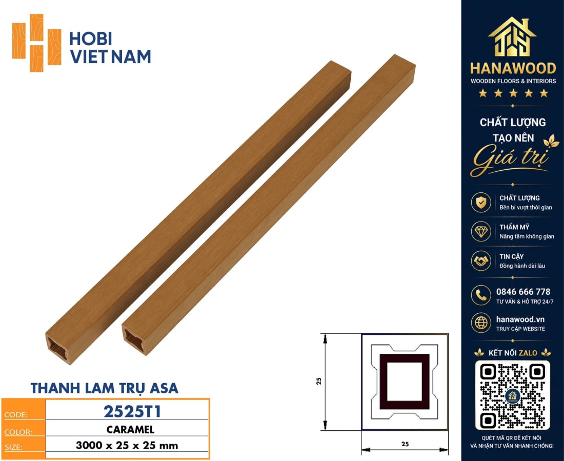 Thanh Lam Gỗ Nhựa Ngoài Trời Phủ ASA HobiWood 2525T1 chất liệu gỗ nhựa cao cấp chống tia UV