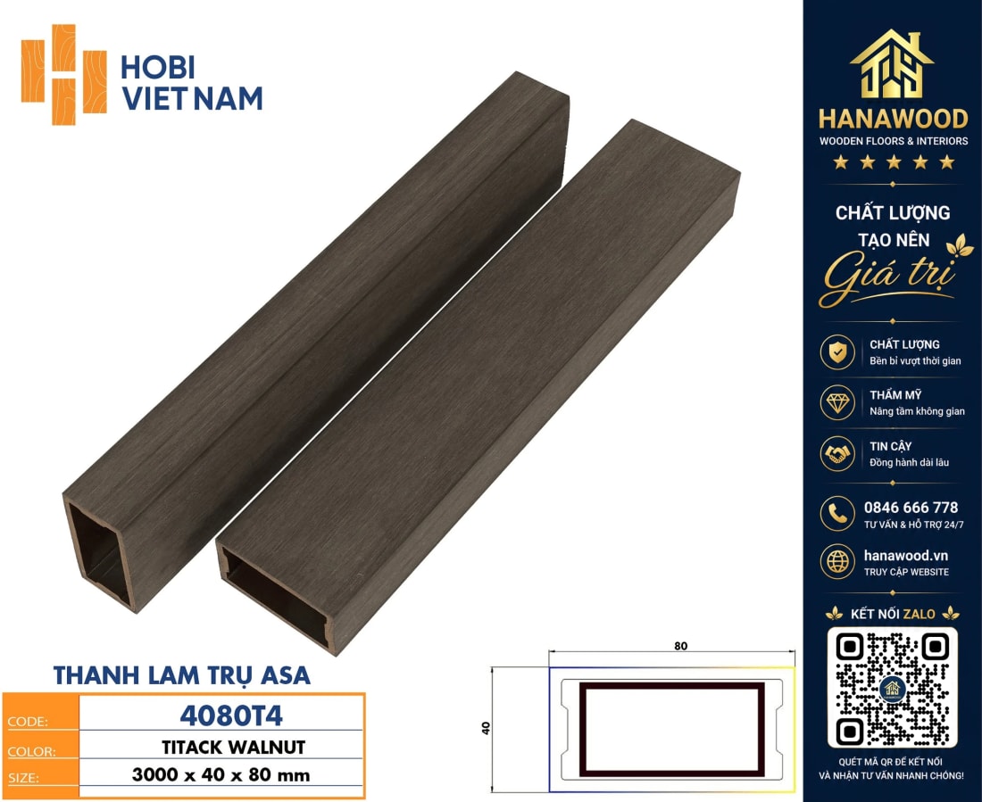 Thanh Lam Che Nắng Gỗ Nhựa Phủ ASA Hobiwood 4080T4 độ bền màu vượt trội chống mối mọt