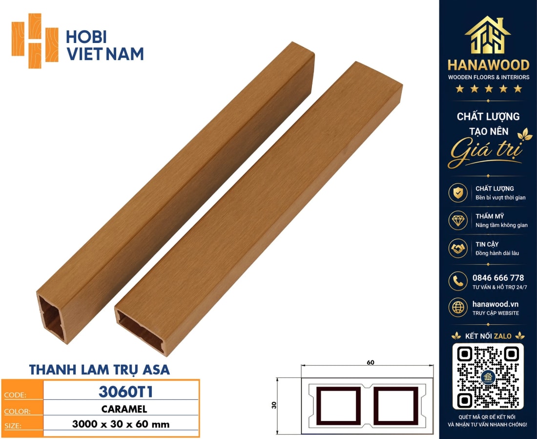 Thanh Lam Che Nắng Gỗ Nhựa ASA Hobiwood 3060T1 thiết kế chuẩn kích thước dễ dàng thi công