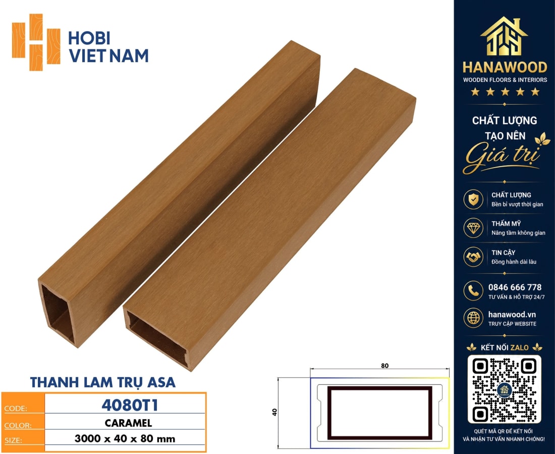 Lam Hộp Gỗ Nhựa Ngoài Trời Phủ ASA Hobiwood 4080T1 chống ẩm mốc chịu thời tiết khắc nghiệt