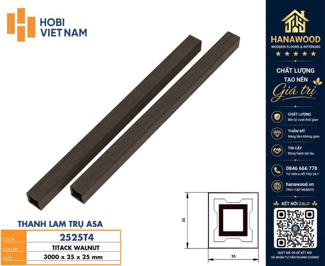 Thanh Lam Gỗ Nhựa Phủ ASA Hobiwood 2525T4 khả năng chịu nhiệt cao chống nứt nẻ