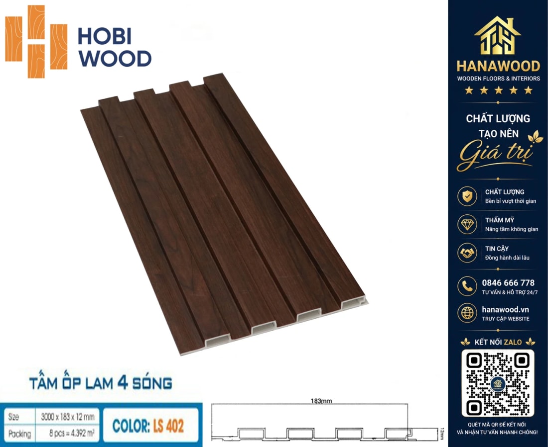 Lam Sóng Ốp Trần Nhựa Giả Gỗ Hobiwood LS-402 bề mặt phủ vân gỗ chống bám bụi bẩn