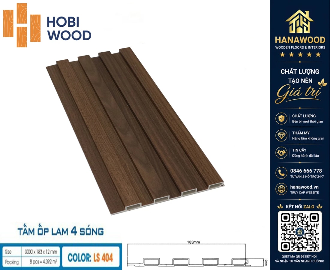 Tấm Nhựa Ốp Tường Lam Sóng Giả Gỗ Hobiwood LS-404 phôi nhựa PVC cứng cáp độ bền cao