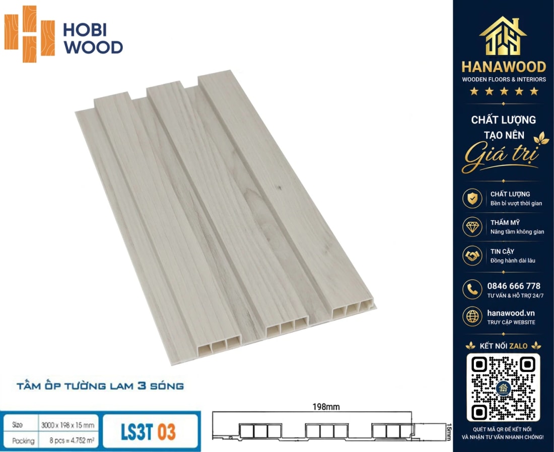 Lam 3 Sóng Thấp Nhựa Giả Gỗ Ốp Tường Hobiwood LS3T-03 chống nước tuyệt đối không mối mọt