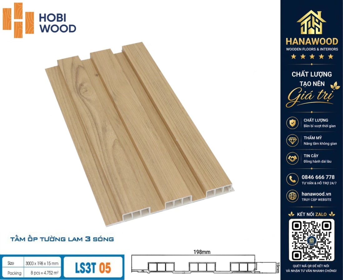 Tấm Nhựa Ốp Tường Lam 3 Sóng Thấp Hobiwood LS3T-05 hèm khóa thông minh thi công nhanh chóng