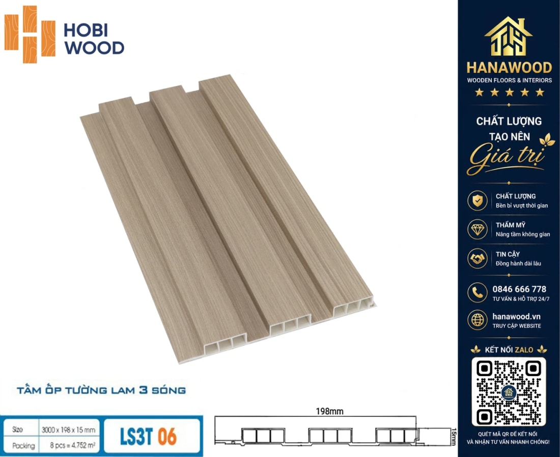 Lam 3 Sóng Thấp Nhựa Giả Gỗ Ốp Trần Hobiwood LS3T-06 tone màu mộc mạc sang trọng hiện đại