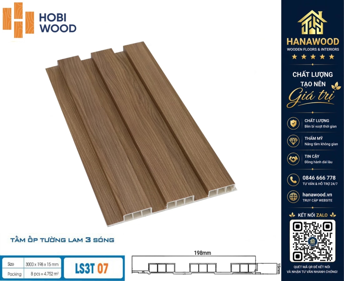 Tấm Ốp Lam 3 Sóng Thấp Nhựa Giả Gỗ Hobiwood LS3T-07 cách âm cách nhiệt tốt an toàn người dùng