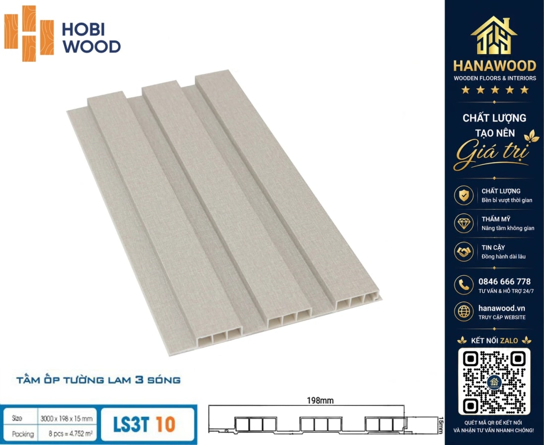Tấm Nhựa Ốp Tường Lam Sóng Giả Gỗ Hobiwood LS3T-10 bề mặt chống trầy xước lau chùi dễ dàng