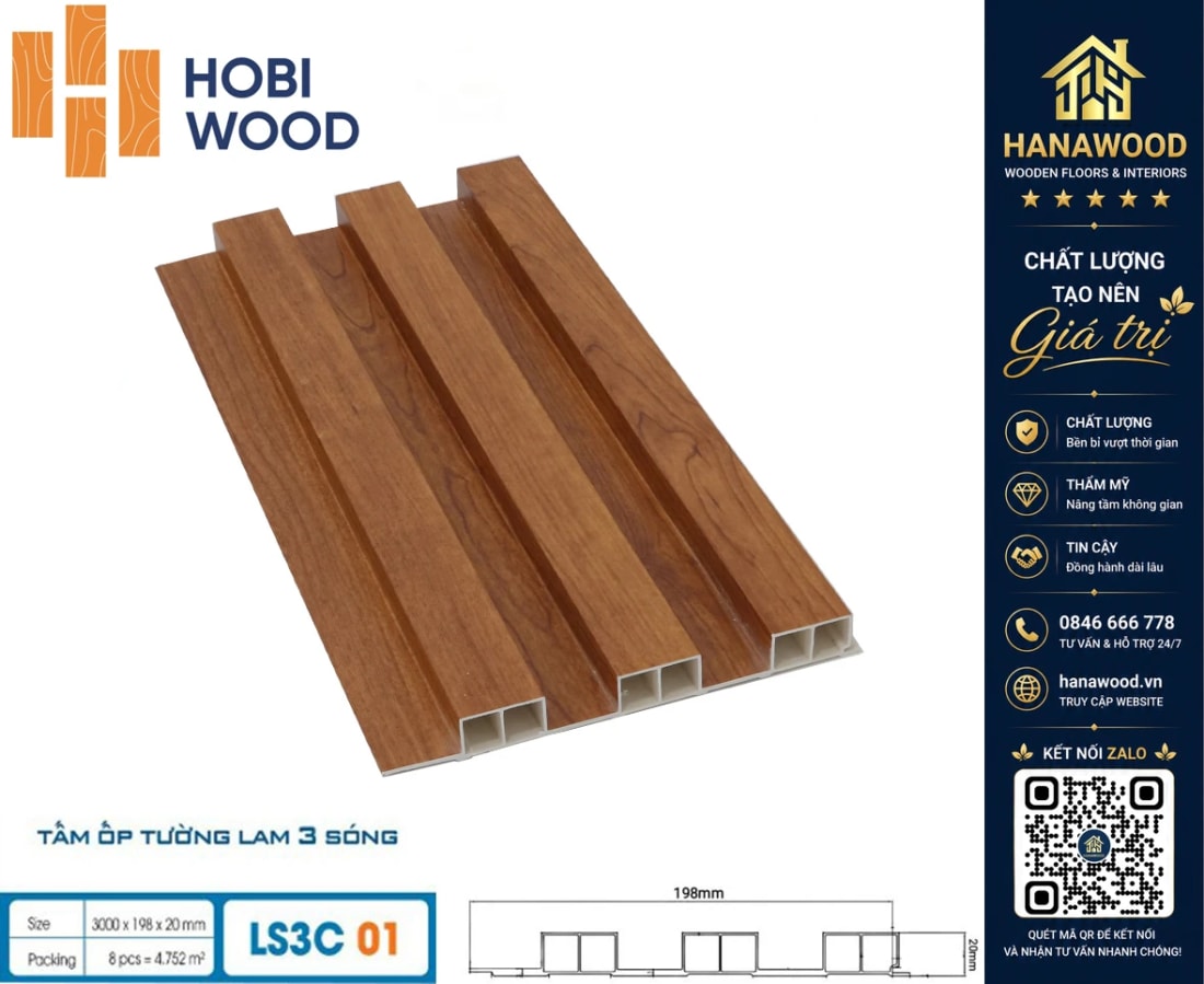 Tấm Nhựa Ốp Tường Lam 3 Sóng Cao Hobiwood LS3C-01 chống ẩm mốc không cong vênh chịu lực tốt
