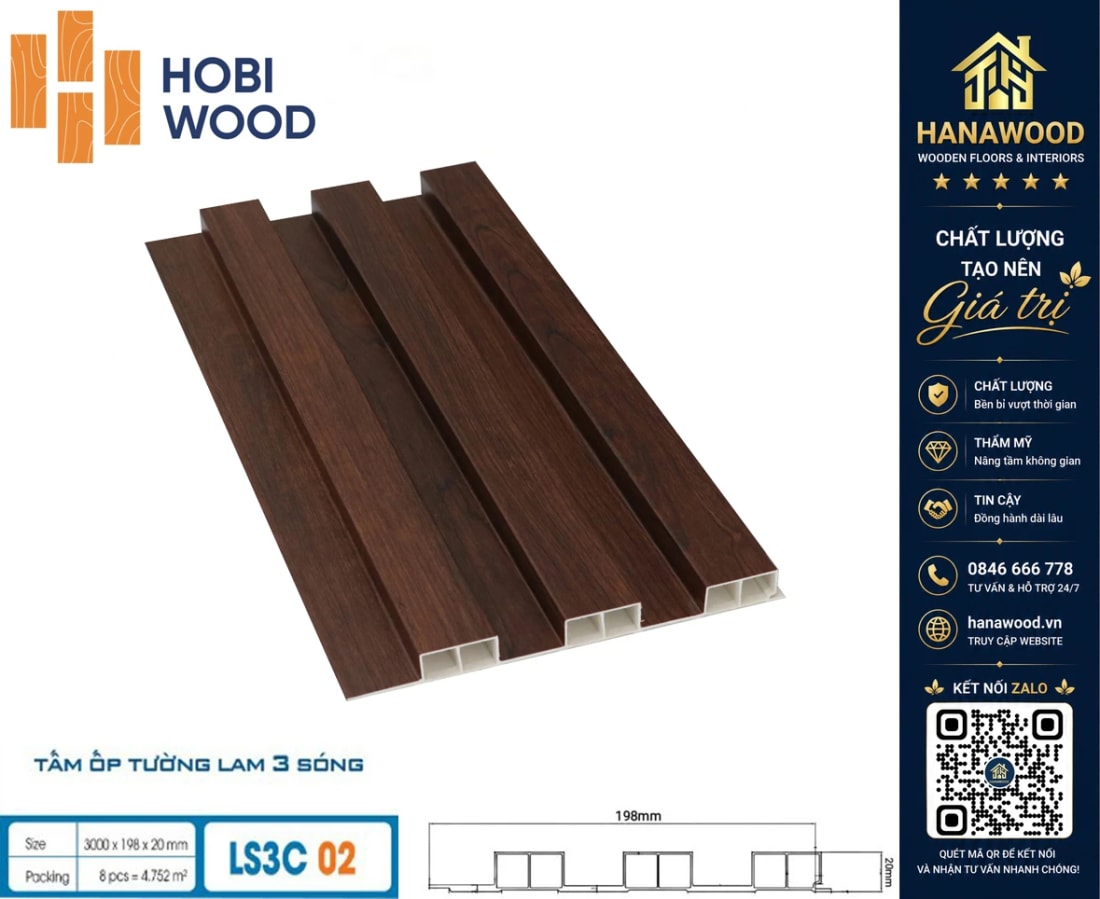 Tấm Nhựa Ốp Tường Lam 3 Sóng Cao Hobiwood LS3C-02 bề mặt phủ vân gỗ chống bám bụi bẩn