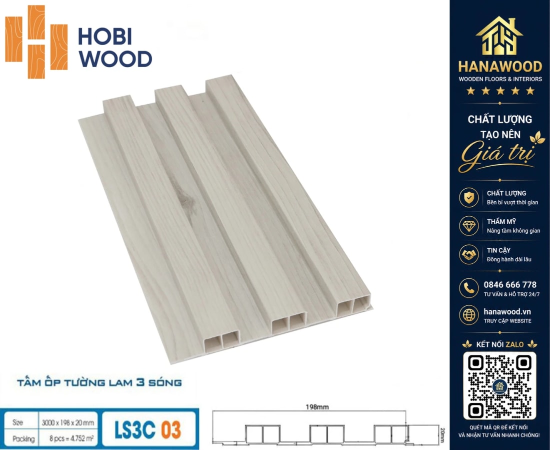 Lam 3 Sóng Cao Nhựa Giả Gỗ Ốp Tường Hobiwood LS3C-03 chống nước tuyệt đối không mối mọt