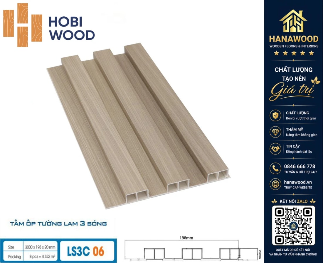 Lam 3 Sóng Cao Nhựa Giả Gỗ Ốp Trần Hobiwood LS3C-06 tone màu mộc mạc sang trọng hiện đại
