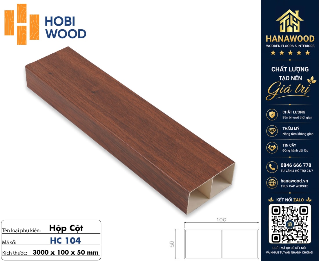 Hộp Cột Nhựa Giả Gỗ Trang Trí Hobiwood HC104 Kích Thước 50x100mm phôi nhựa cứng cáp chịu va đập