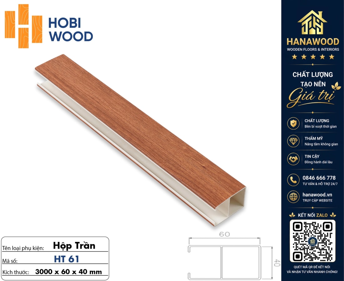 Trần Nan Nhựa Giả Gỗ Hobi Wood HT61 Kích Thước 40x60mm chống ẩm mốc không bám bụi