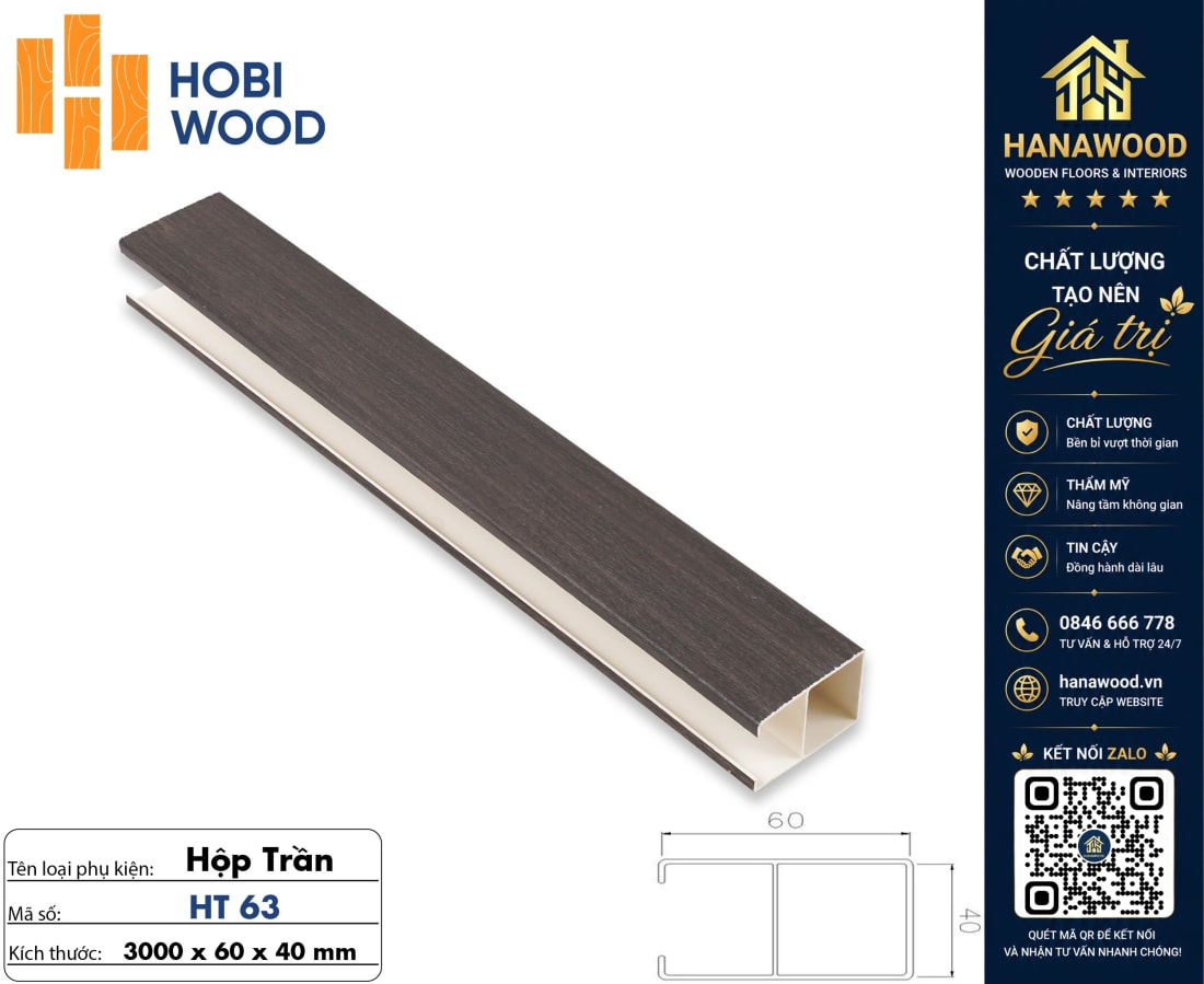 Trần Nan Nhựa Giả Gỗ Hobi Wood HT63 Kích Thước 40x60mm cách âm cách nhiệt tốt trọng lượng nhẹ