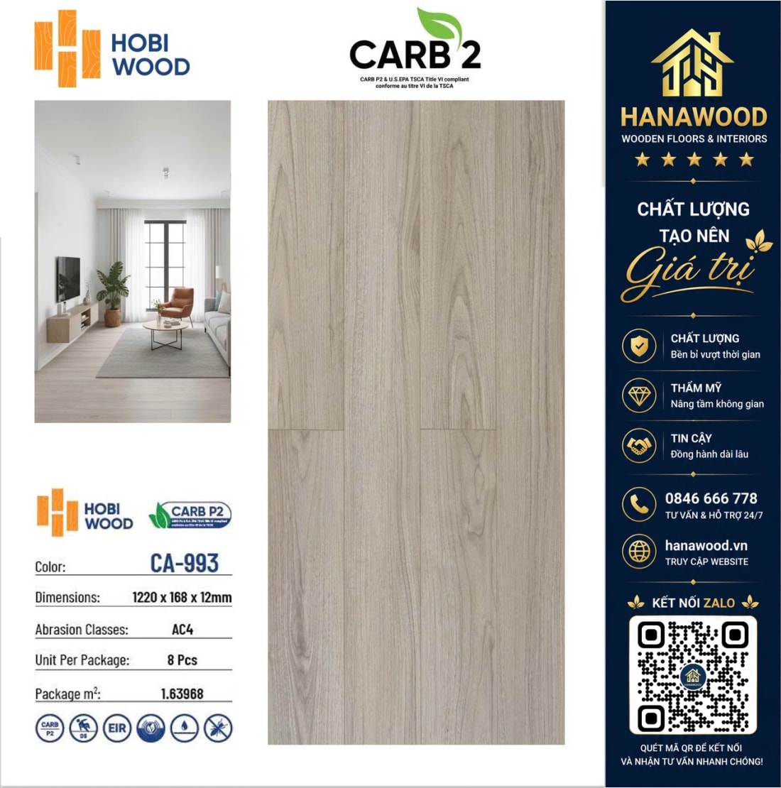 Sàn Gỗ Công Nghiệp Hobi Carb CA-993 Dày 12mm chống nước tuyệt đối hèm khóa liên kết khít