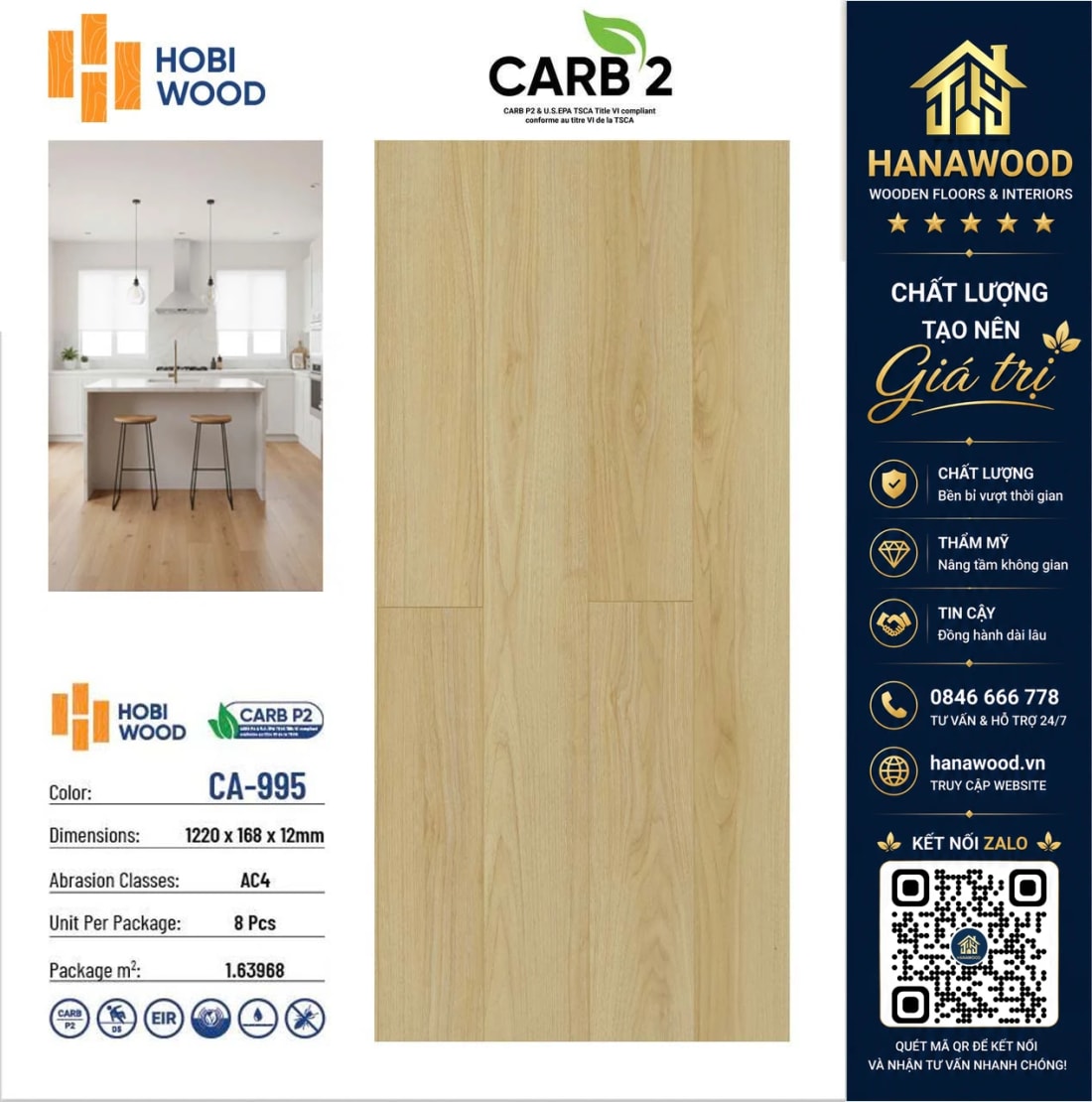 Sàn Gỗ Công Nghiệp Hobi Carb CA-995 Dày 12mm tone màu ấm cúng cách âm cách nhiệt tốt
