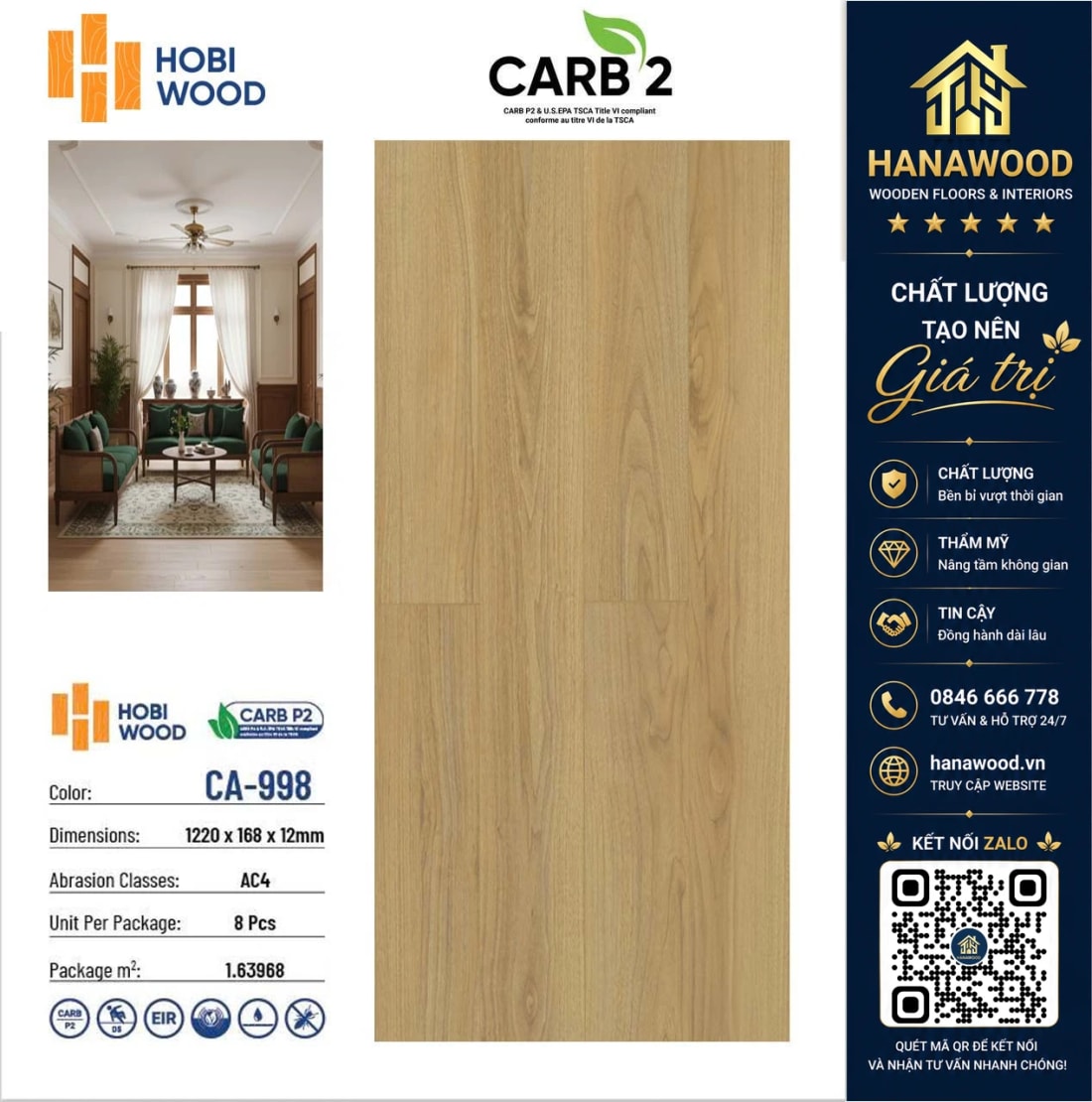 Sàn Gỗ Công Nghiệp Hobi Carb CA-998 Dày 12mm độ bền lâu dài chống trơn trượt hiệu quả