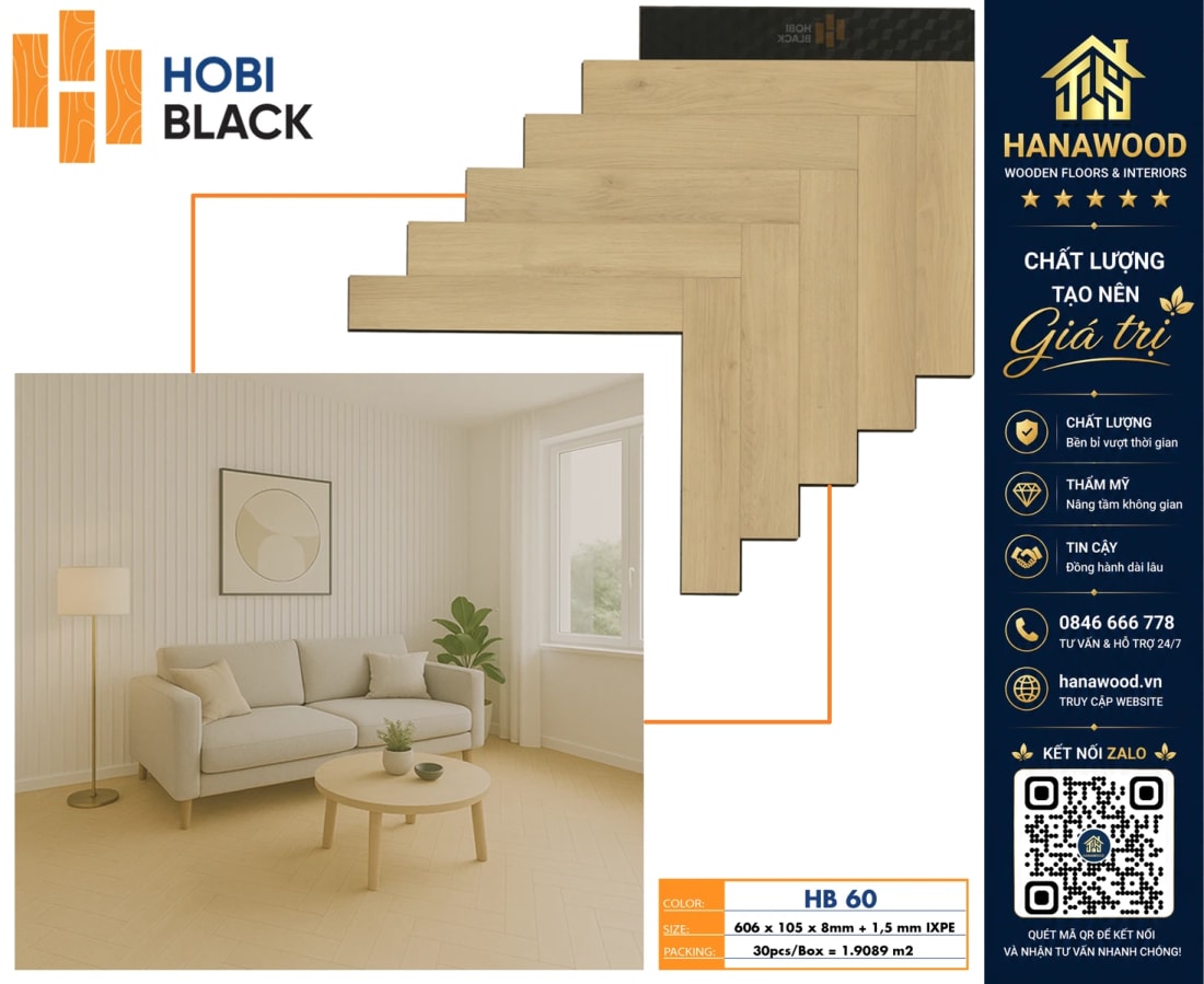 Sàn Gỗ Xương Cá Cốt Đen Hobi Black HB60 Dày 8mm chống ẩm mốc chịu lực tốt không cong vênh