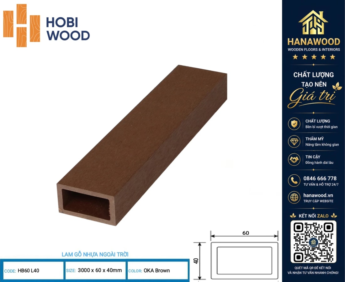 Lam Hộp Trang Trí Gỗ Nhựa Ngoài Trời Hobiwood HB60L40 Màu Oka Brown chịu lực va đập không cong vênh