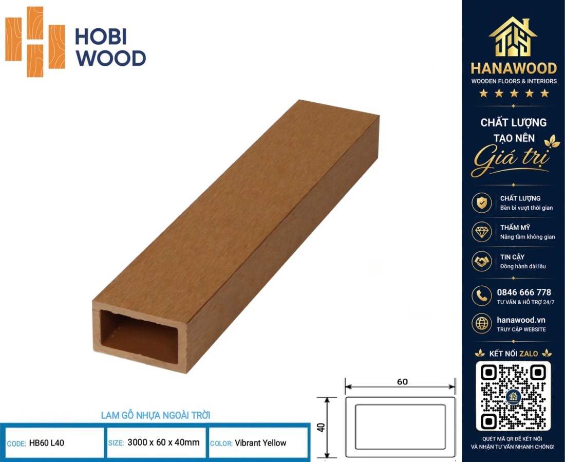 Thanh Lam Gỗ Nhựa Ngoài Trời Composite Hobiwood HB60L40 Màu Vibrant Yellow không thấm nước mối mọt