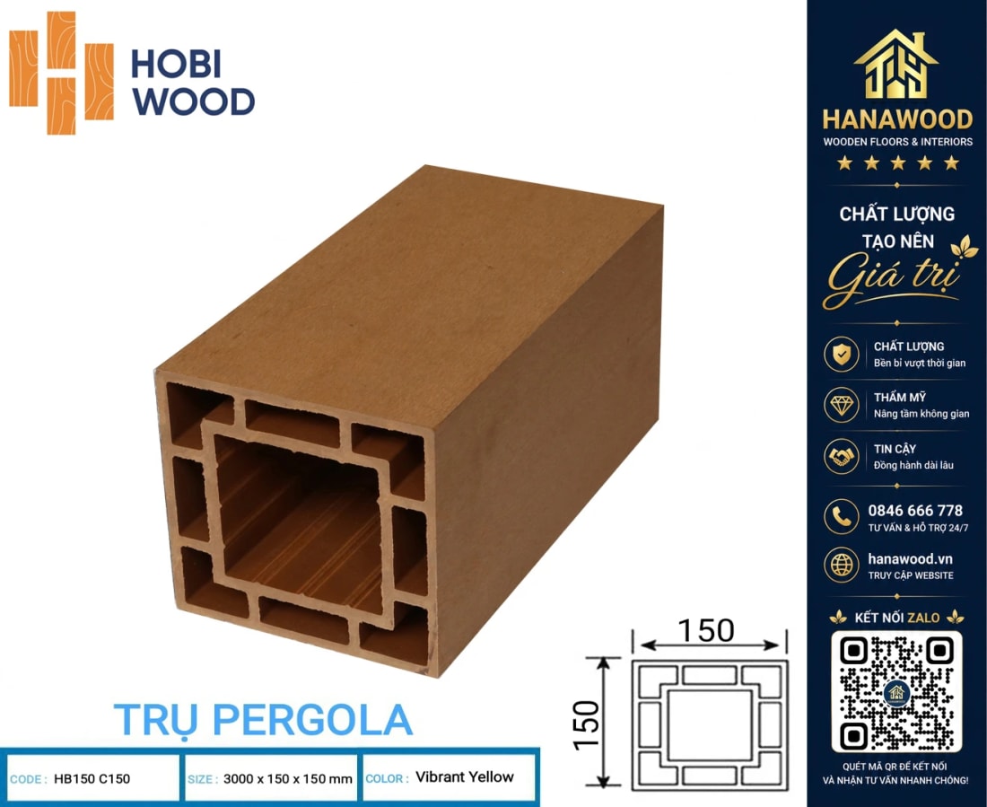 Lam Trụ Pergola Gỗ Nhựa Ngoài Trời Hobiwood HB150C150 Màu Vibrant Yellow chịu nắng mưa tuyệt đối