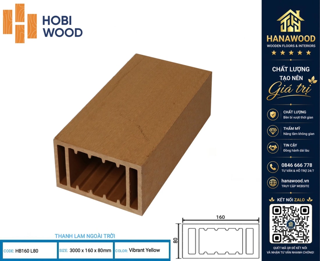 Lam Hộp Che Nắng Gỗ Nhựa Ngoài Trời Hobiwood HB160L80 Màu Vibrant Yellow bề mặt vân gỗ mộc mạc