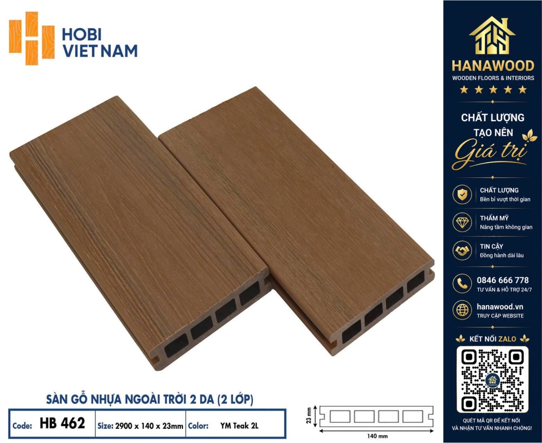 Sàn Lỗ Vuông Gỗ Nhựa 2 Lớp Phủ Polymer Hobiwood HB462 YM Teak phôi nhựa composite siêu bền