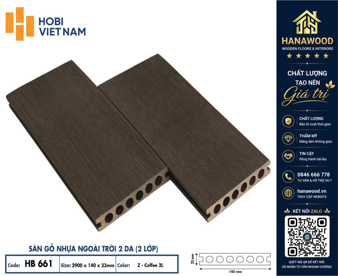Sàn Gỗ Nhựa Ngoài Trời Lỗ Tròn 2 Da Hobiwood HB661 ZCoffee bề mặt vân gỗ mộc mạc chống UV