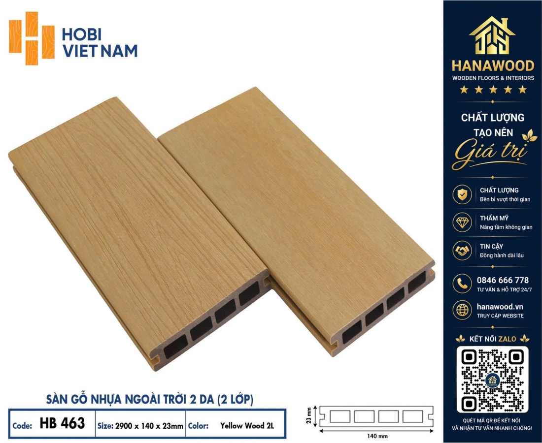 Sàn Gỗ Nhựa Ngoài Trời 2 Da Lỗ Vuông Hobiwood HB463 Yellow Wood tone màu tươi sáng chịu nhiệt