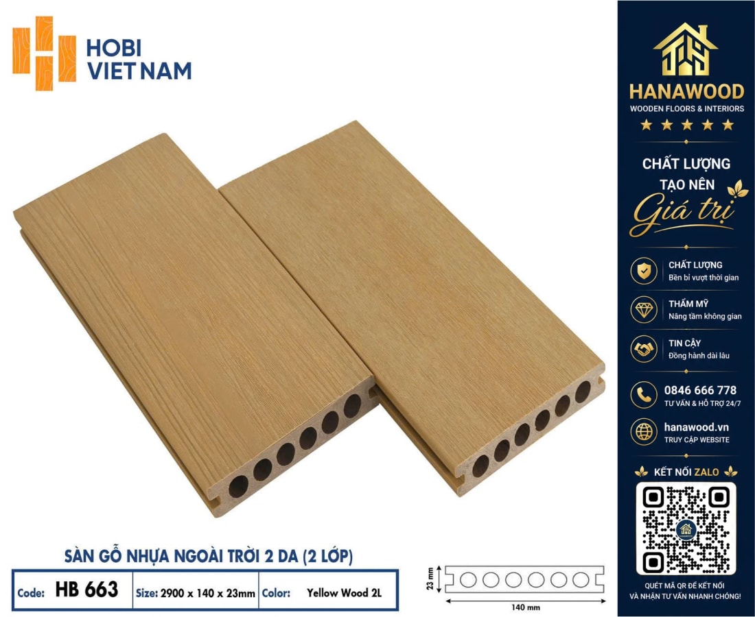 Sàn Gỗ Nhựa 2 Da Ngoài Trời Lỗ Tròn Hobiwood HB663 Yellow Wood cấu trúc thoát nước tối ưu