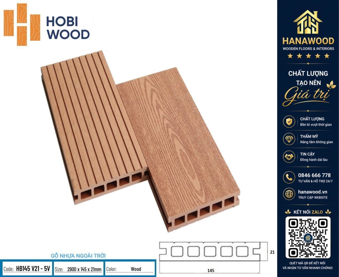 Sàn Gỗ Nhựa Ngoài Trời 5 Lỗ Vuông Hobiwood HB145V21-5V Màu Wood bền màu chịu thời tiết khắc nghiệt