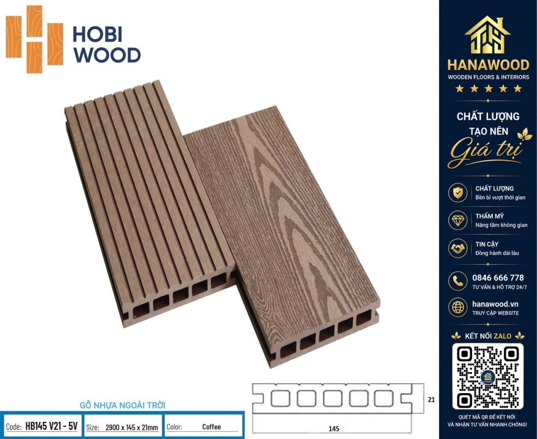 Sàn Gỗ Nhựa Ngoài Trời 5 Lỗ Vuông Hobiwood HB145V21-5V Màu Coffee cốt composite nguyên sinh siêu bền