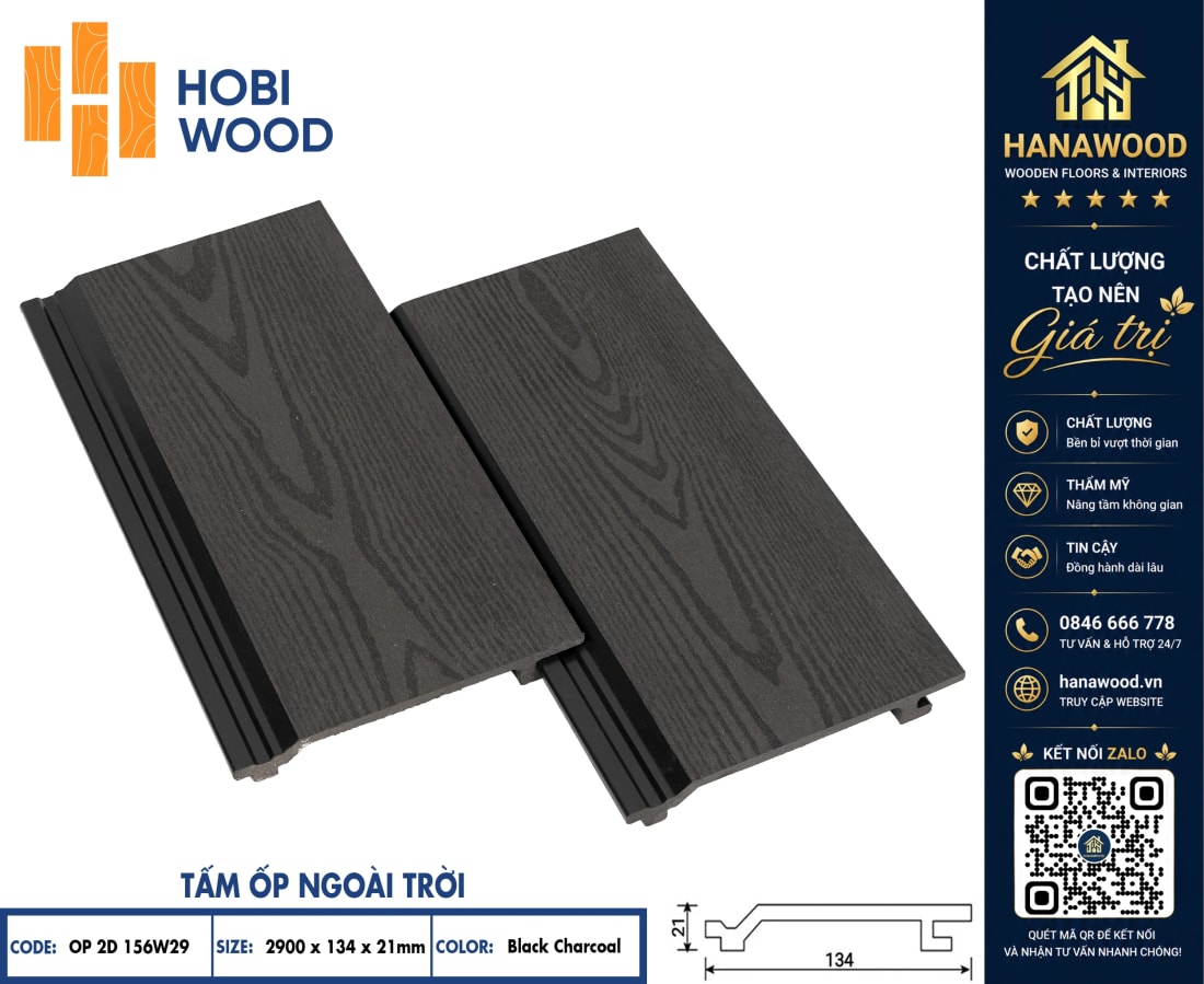 Tấm Ốp Gỗ Nhựa Ngoài Trời Hobiwood OP2D 156W29 Black Charcoal chống mưa nắng chịu lực va đập