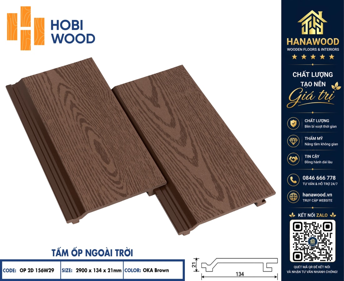 Tấm Ốp Tường Trần Ngoài Trời Hobiwood OP2D 156W29 Oka Brown vân gỗ tự nhiên chống cong vênh nứt nẻ