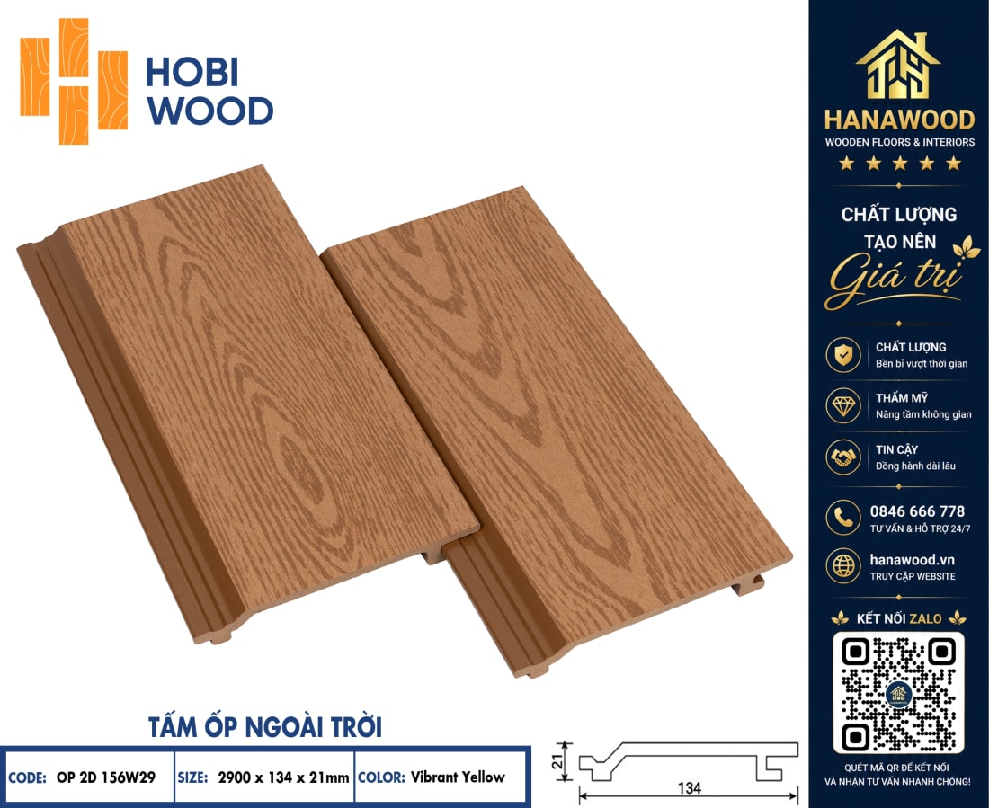 Ốp Mái Hiên Gỗ Nhựa Ngoài Trời Hobiwood OP2D 156W29 Vibrant Yellow phôi composite chống thấm nước